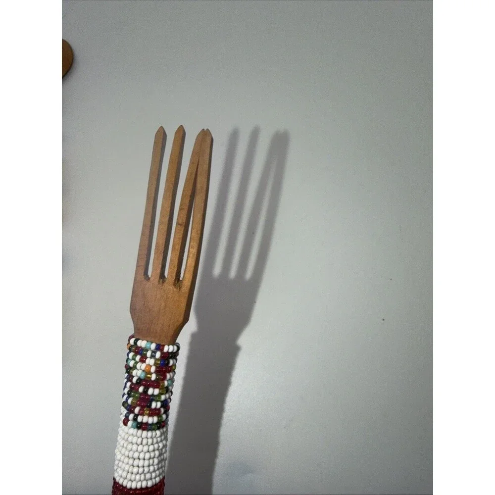 Native American Tribal Salad Spoon Fork With Seed Bead Handmade Rare Wooden